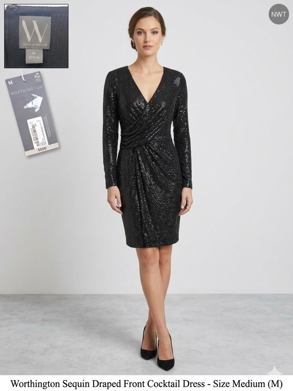 NWT Worthington Black Sequin Faux Wrap Long Sleeve Dress - Size Medium